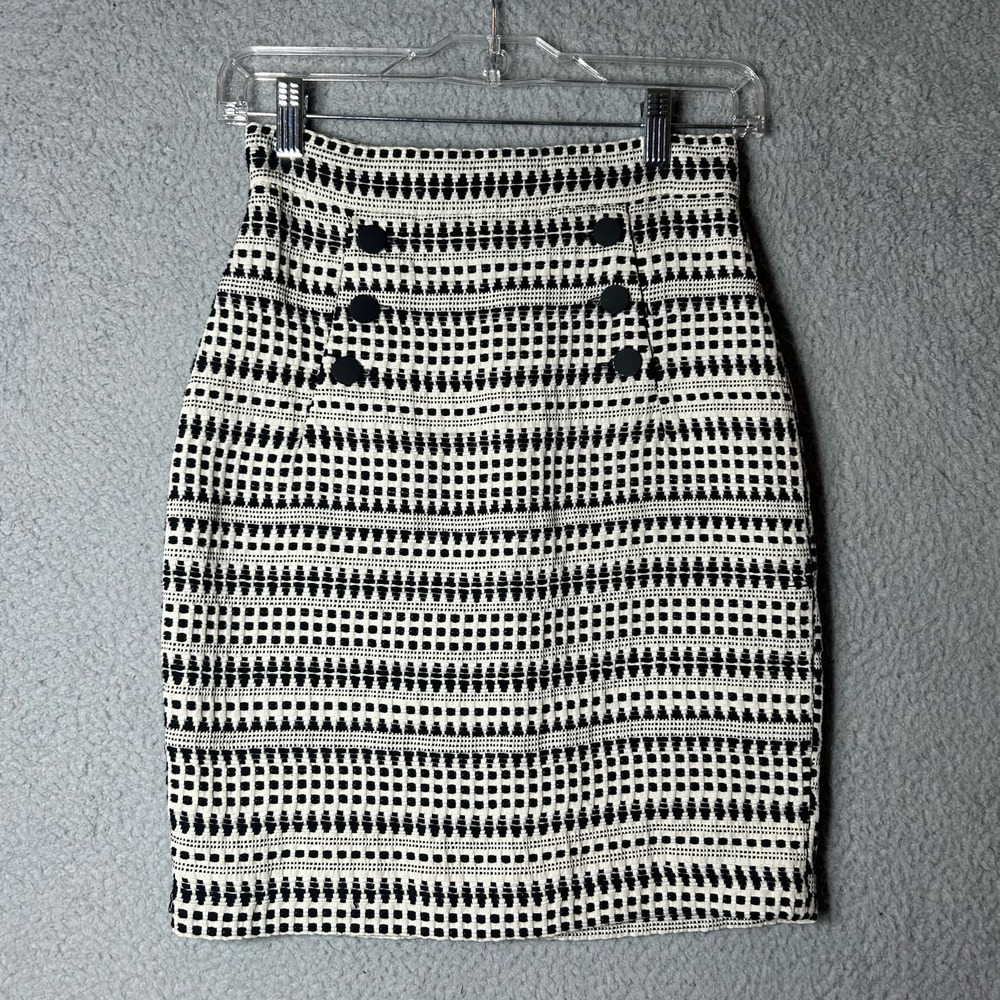 H&M Skirt Womens 4 Black Cream High Waist Tweed‎ Lined Striped Mini Skirt